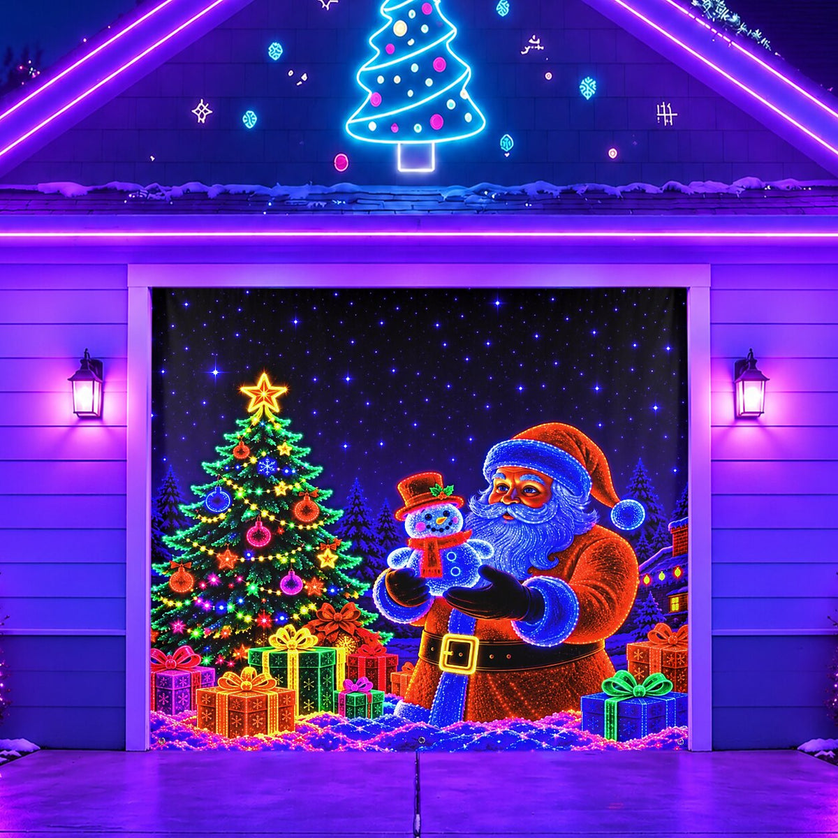 Blacklight Christmas Garage Cover UV Reactive Santa & Christmas Tree