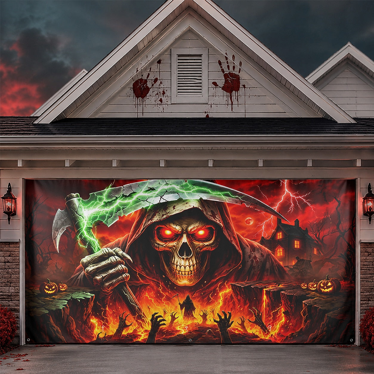 Grim Reaper Skull & Red Eyes | Halloween Garage Door Banner Cover