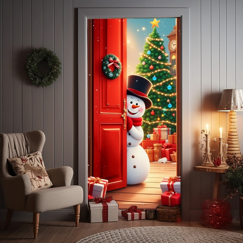 Snowman Opening Door & Christmas Tree Christmas Door Cover