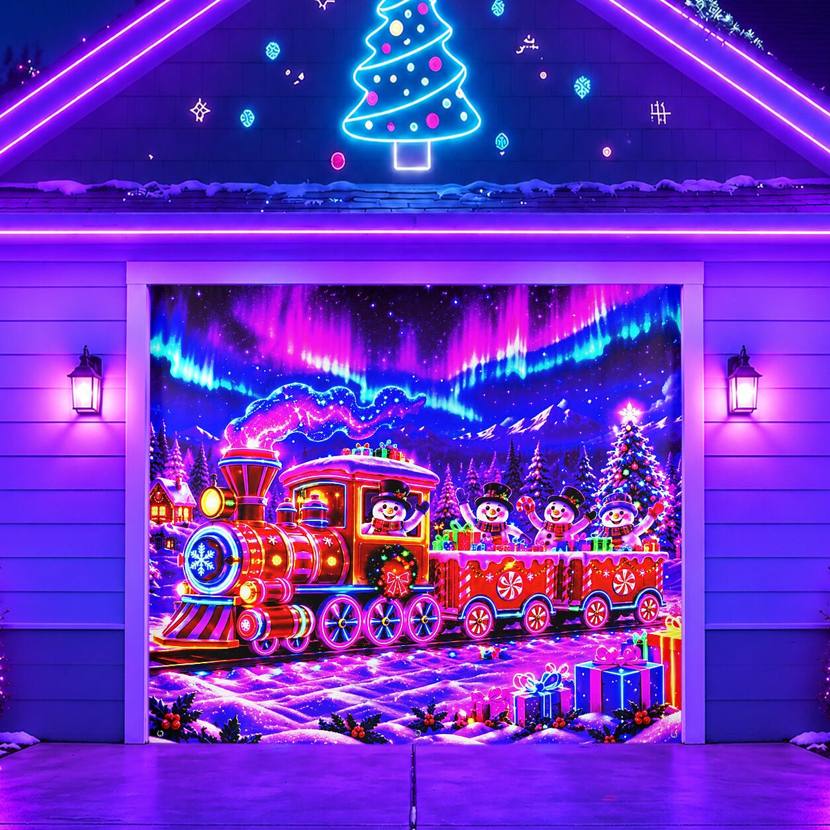 Blacklight Christmas Garage Cover UV Reactive Snowman & Christmas Train