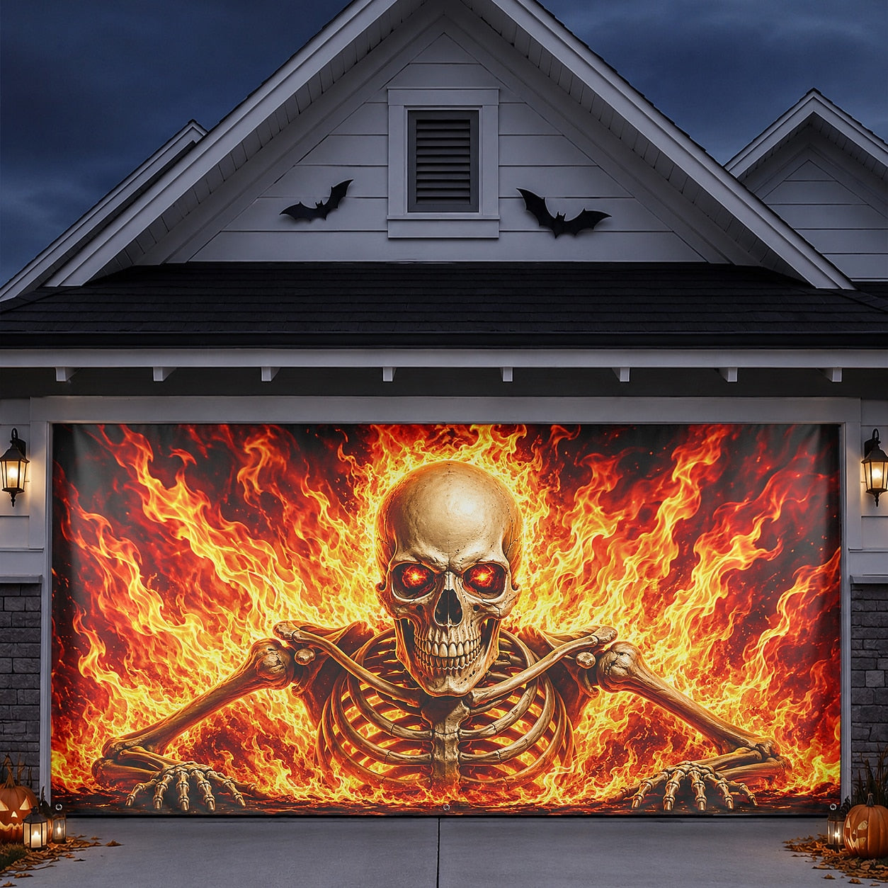 Flaming Skeleton & Fire Skull | Halloween Garage Door Banner Cover