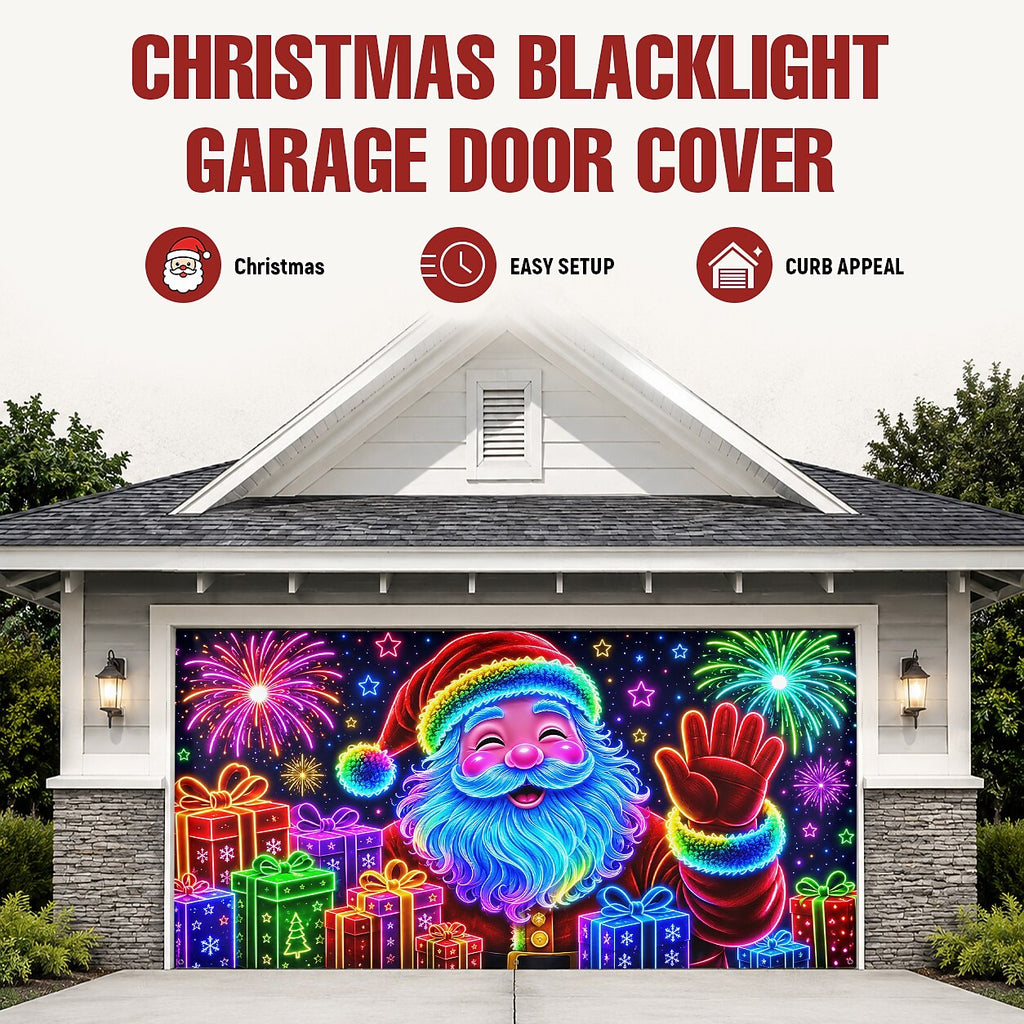Blacklight Christmas Garage Door Cover - Santa & Christmas Characters Neon Design