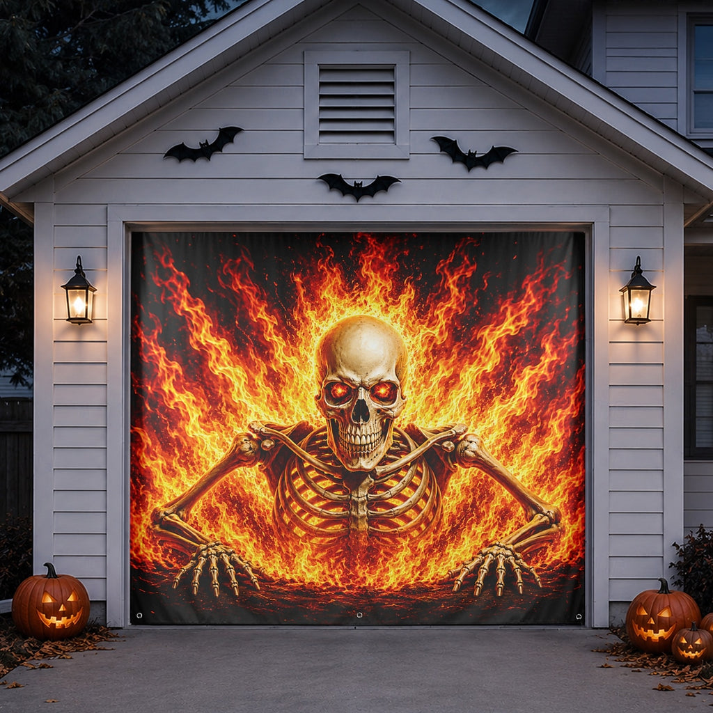Flaming Skeleton & Fire Skull | Halloween Garage Door Banner Cover