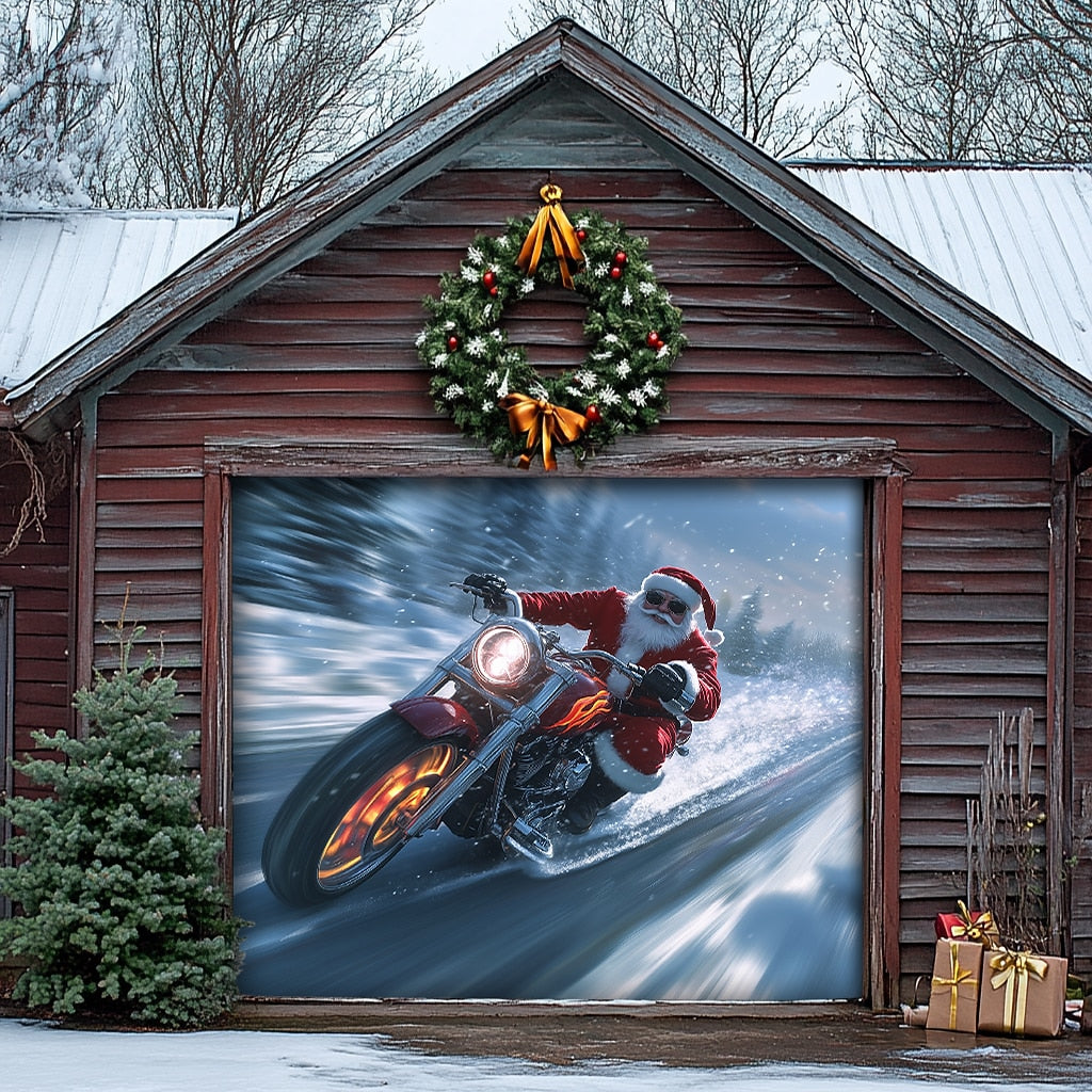 Motorcycle Santa Garage Door Cover