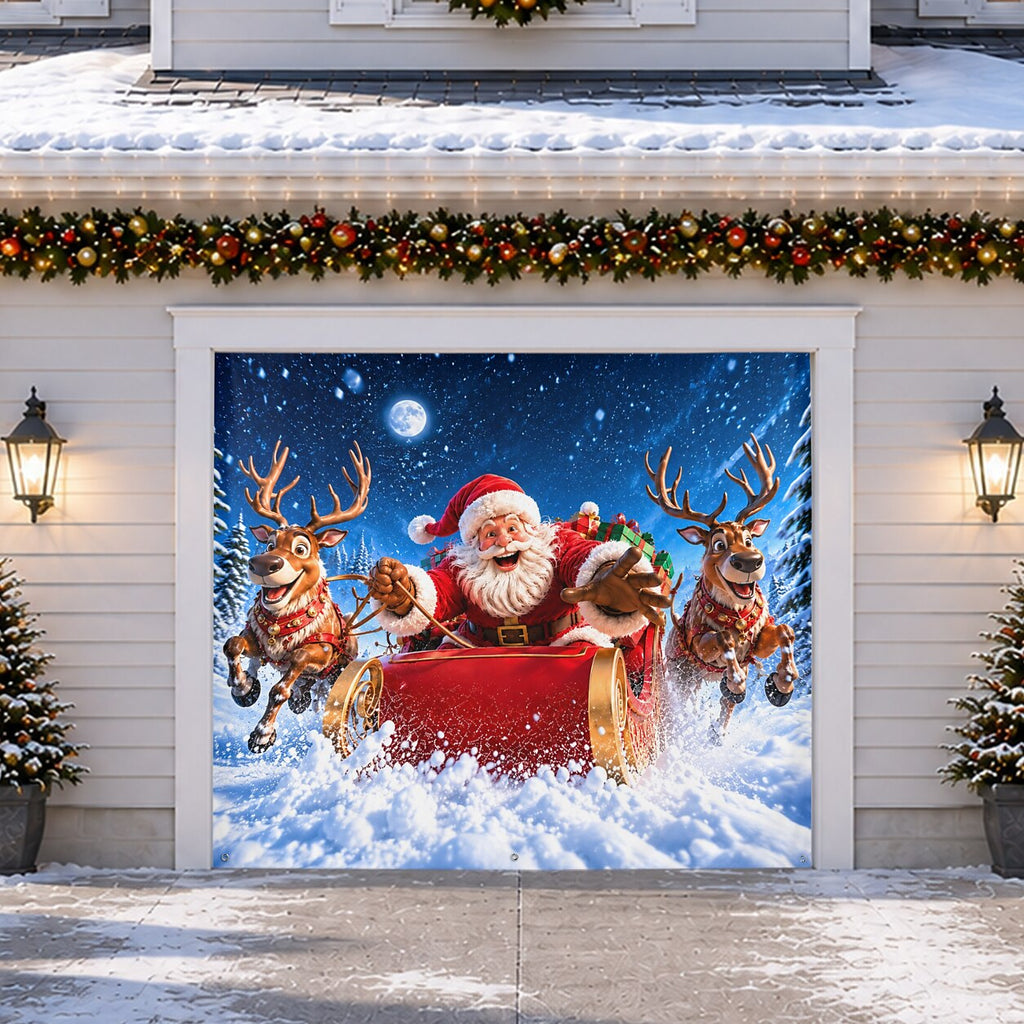 Christmas Garage Cover 3D Santa & Reindeer Sleigh