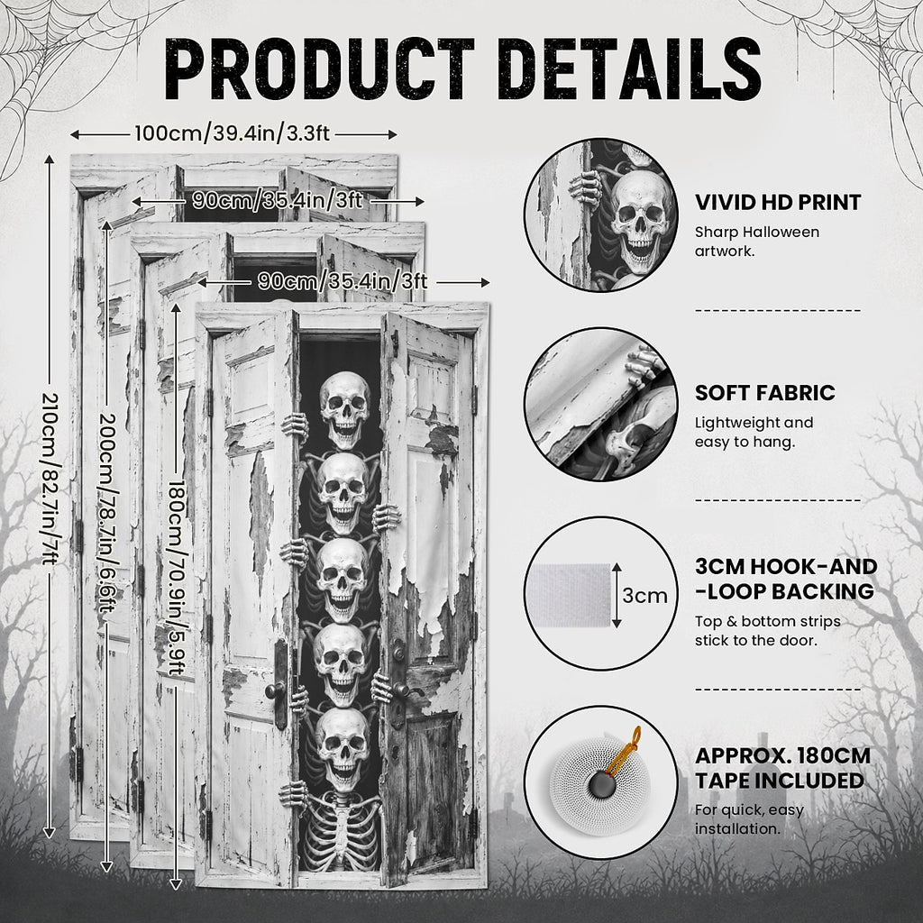 Breaking Skeletons Old Wooden Door Skull Banner Halloween Door