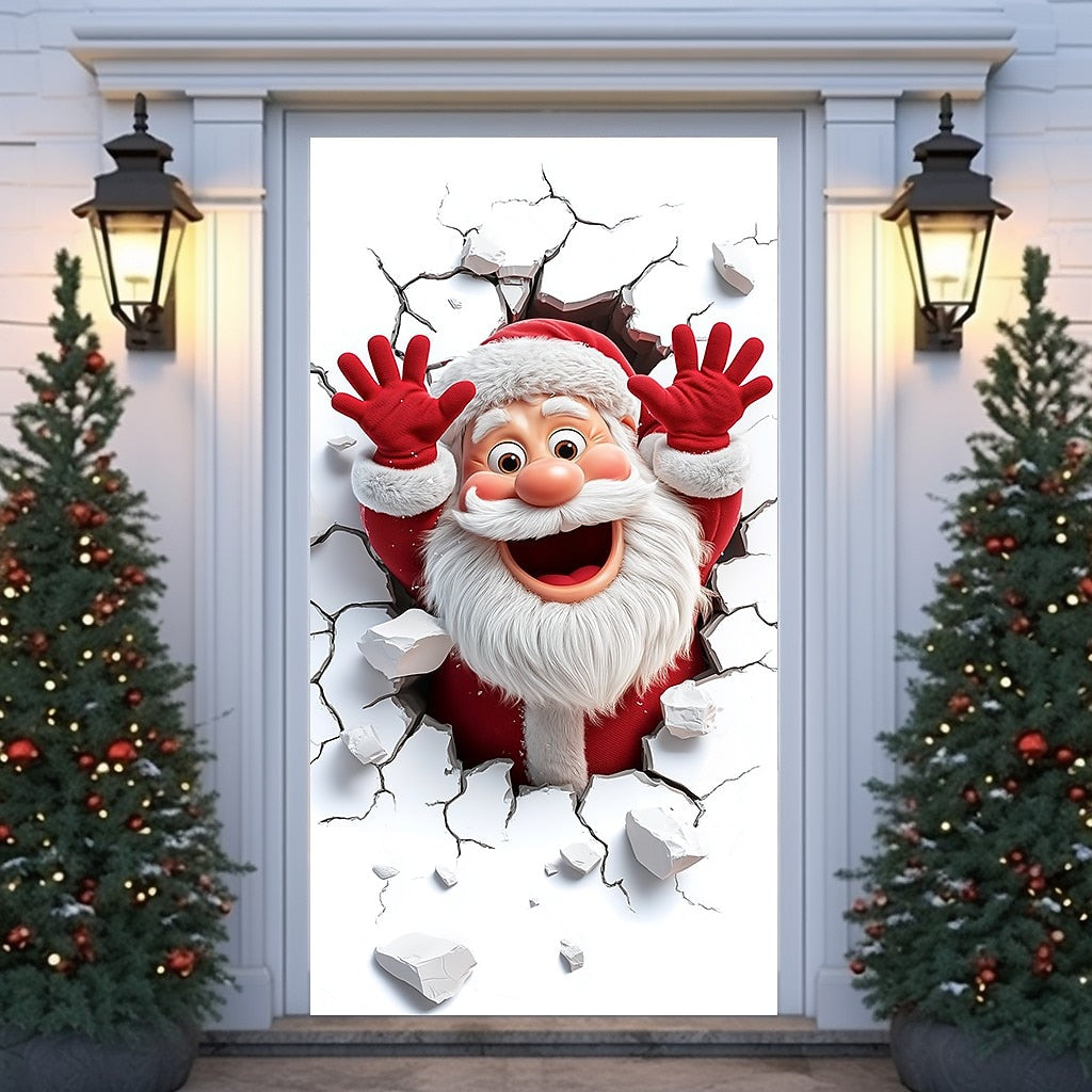 Santa Breaking Through Wall Christmas Door Cover