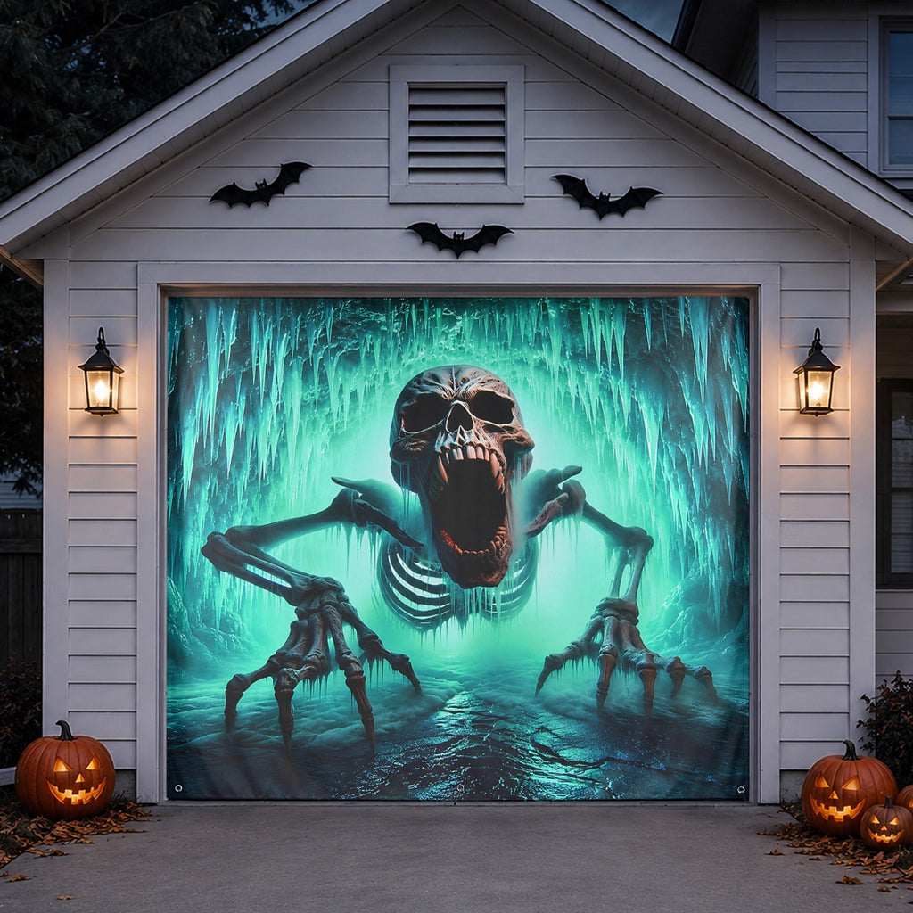 Ice Cave Skeleton & Scary Skull | Halloween Garage Door Banner Cover