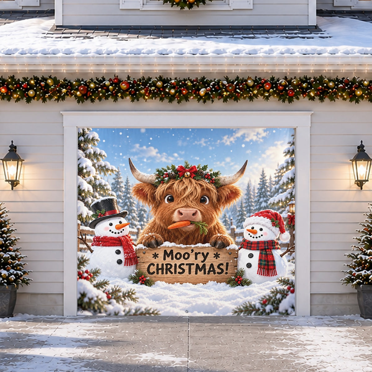 Christmas Garage Door Cover - Merry Christmas Highland Cow Design