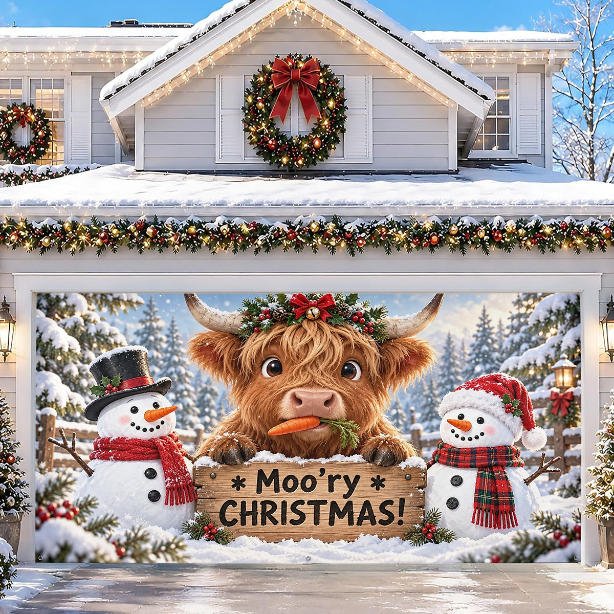 Christmas Garage Door Cover - Merry Christmas Highland Cow Design