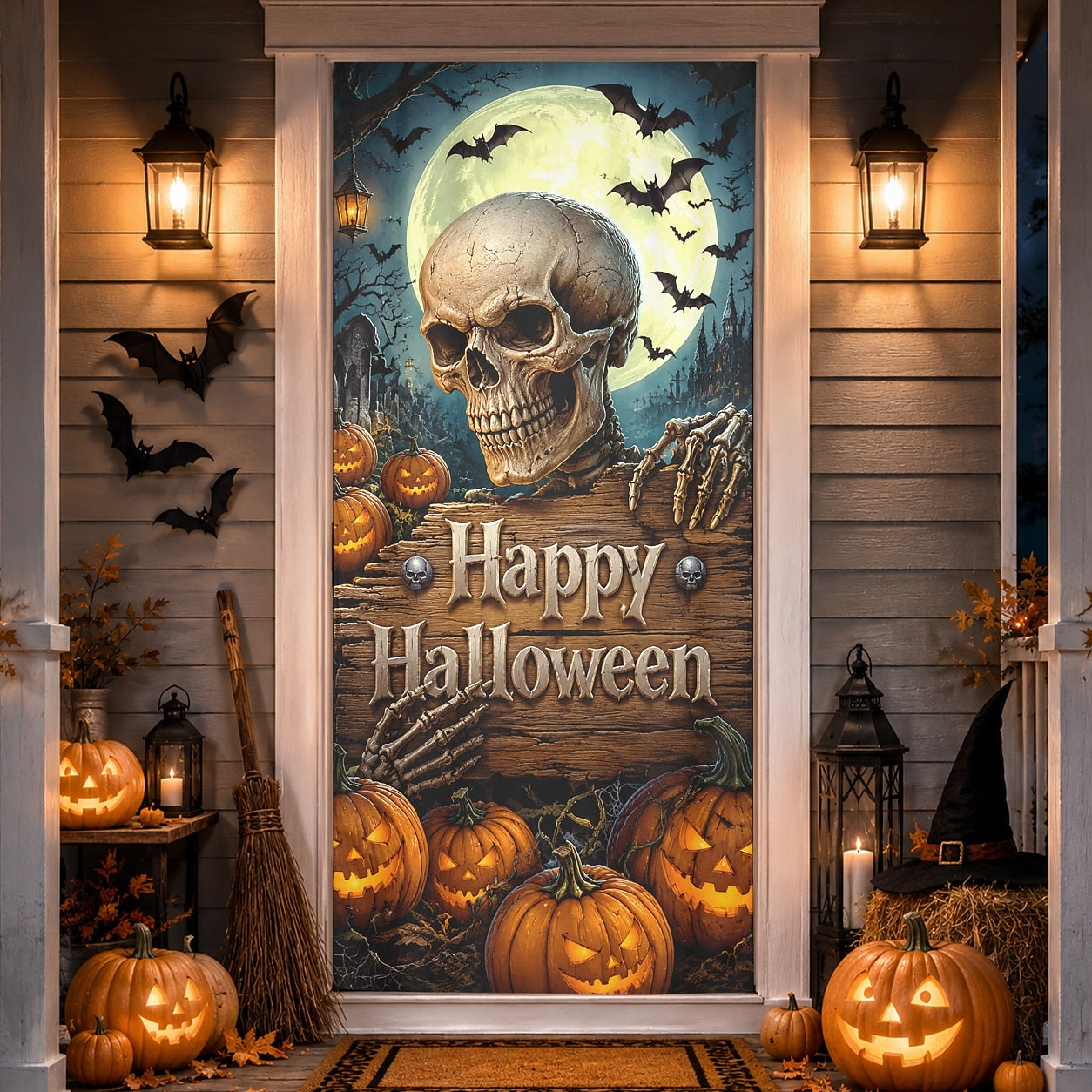 Reaper 3D Illusion Door Banner Halloween Door Cover Skull Moon Bat