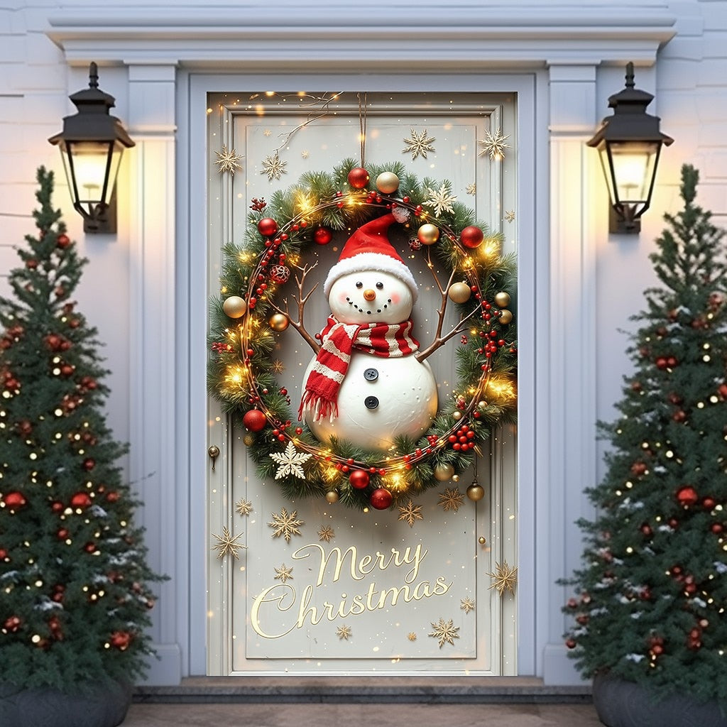 Snowman Wreath Lights & Ornaments Christmas Door Cover