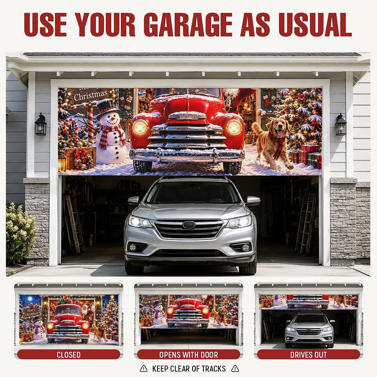 Christmas Garage Door Cover - Red Christmas Truck Snowy Village Decor