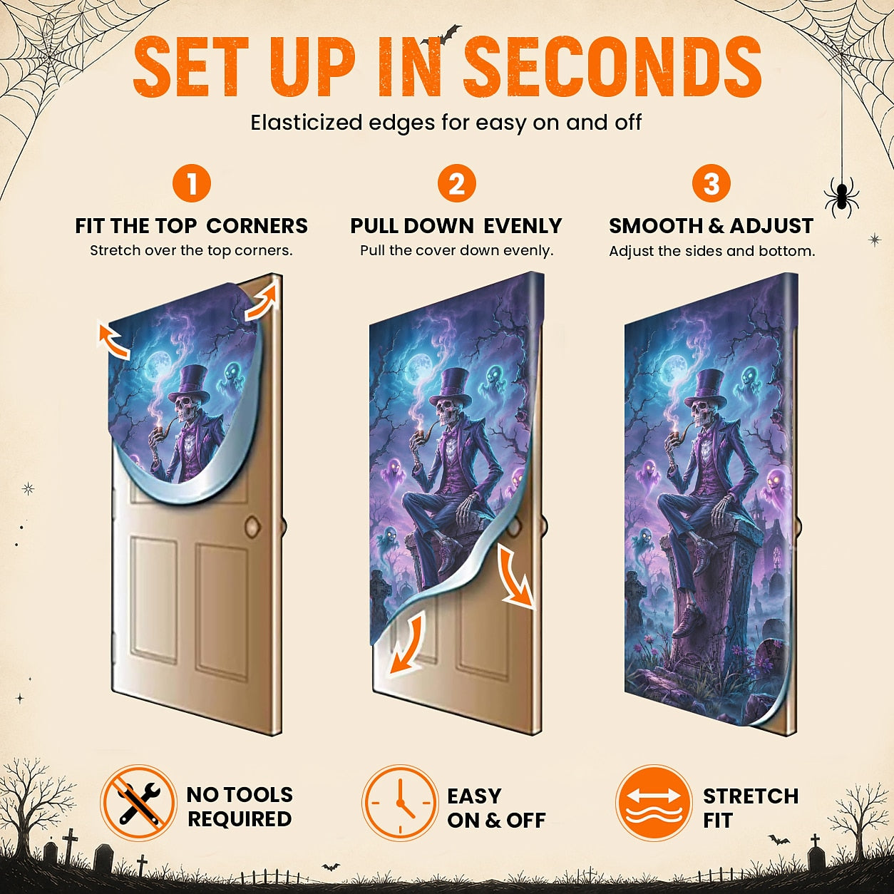 Top Hat Skeleton Ghost Graveyard Neon Banner Halloween Door