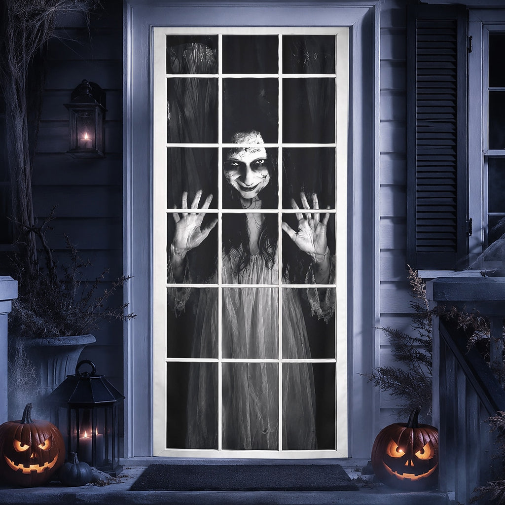Creepy Ghost Girl Window 3D Illusion Banner Halloween Door Cover