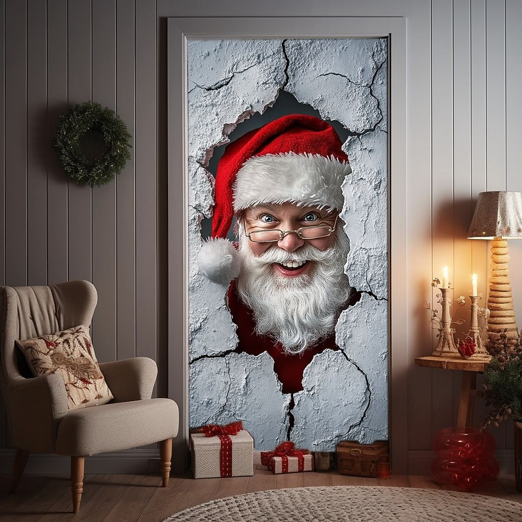 Santa Breaking Through Wall Christmas Door Cover
