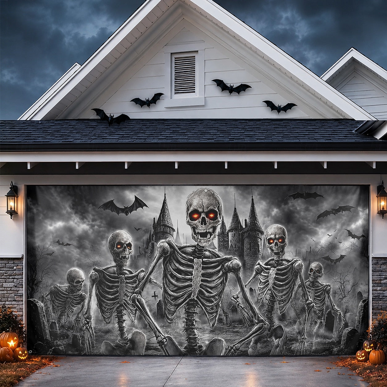 Flaming Skull & Burning Fire Skeleton | Halloween Garage Door Banner Cover
