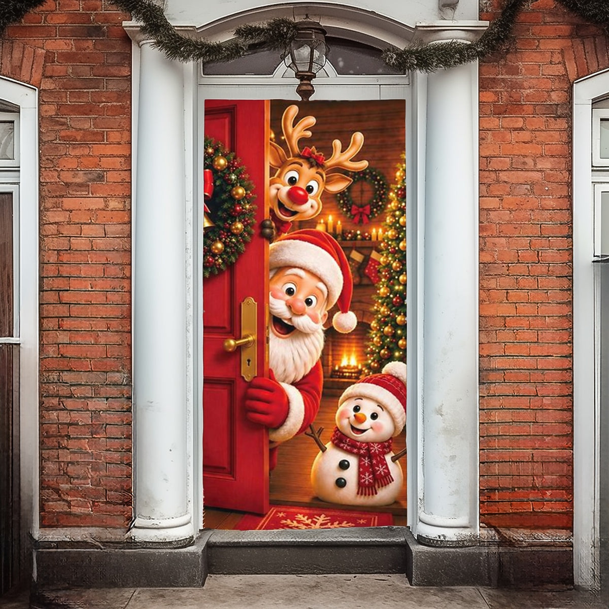Christmas Door Cover - Stretch Fit Santa & Reindeer Door Decoration