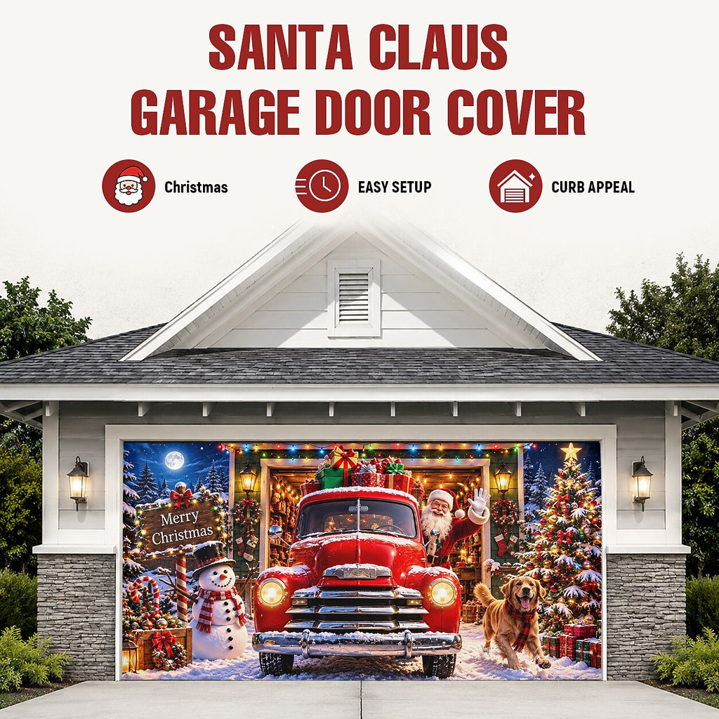 Christmas Garage Door Cover - Red Christmas Truck Snowy Village Decor
