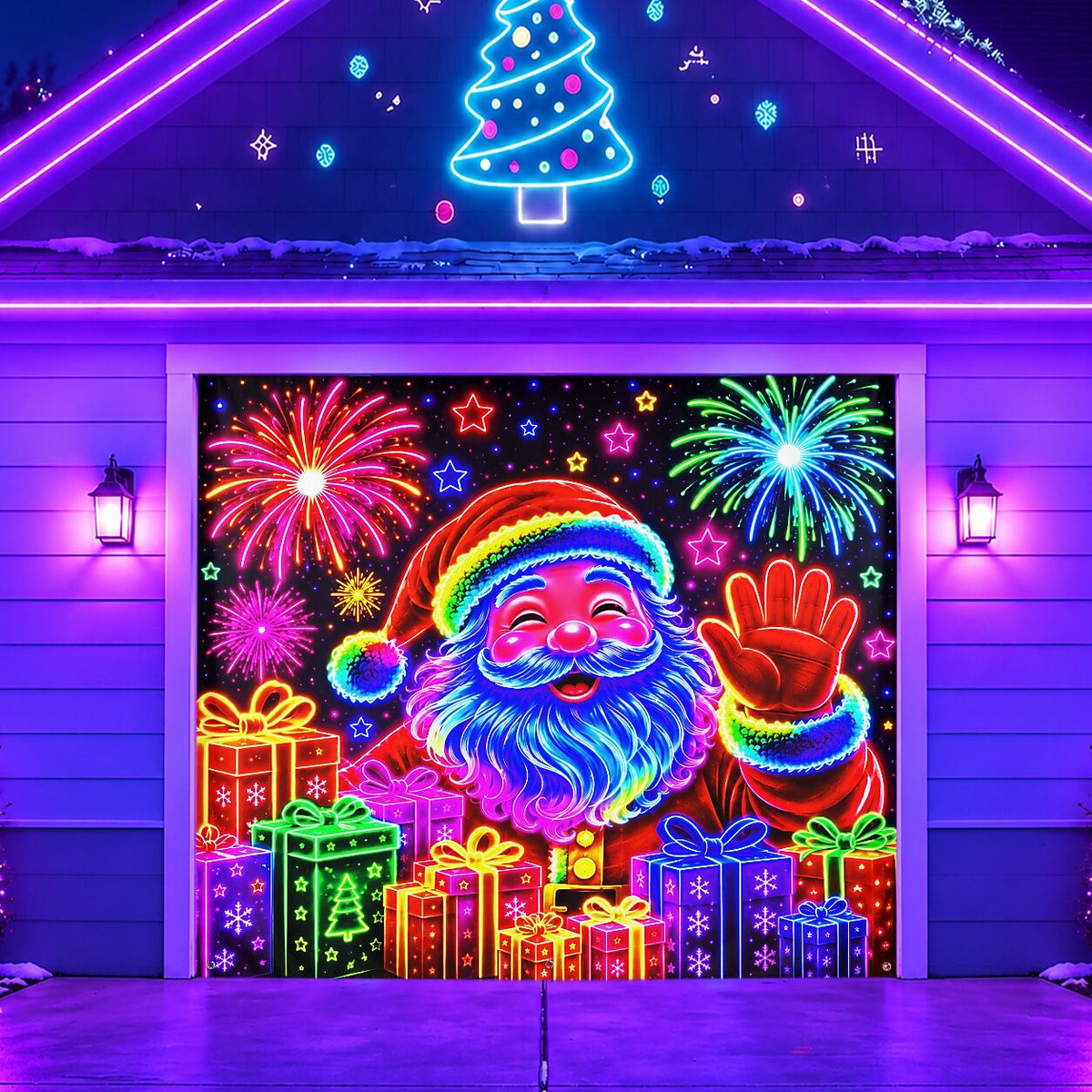 Blacklight Christmas Garage Door Cover - Santa & Christmas Characters Neon Design