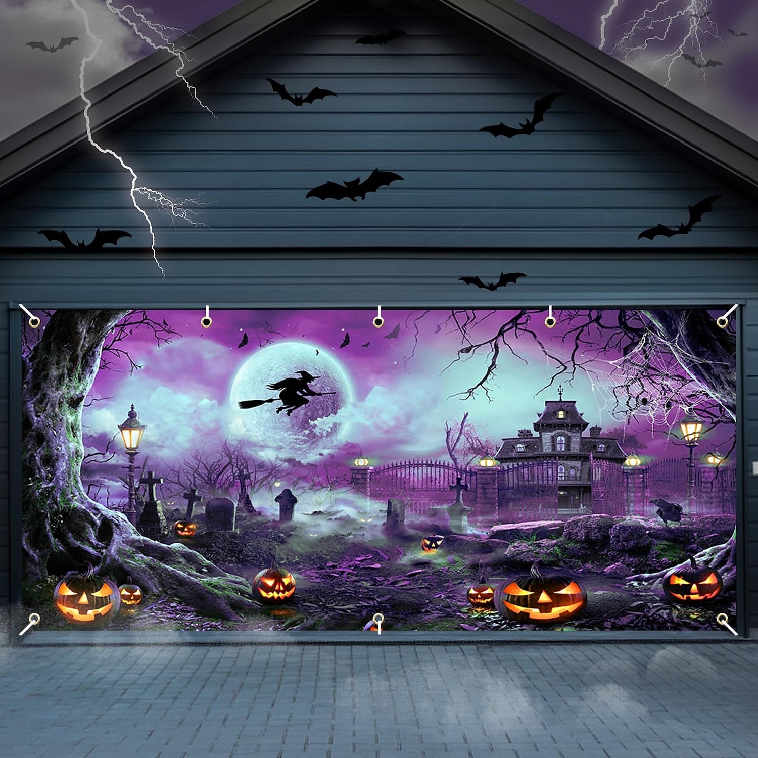Scary Witch & Haunted House | Halloween Garage Door Banner Cover