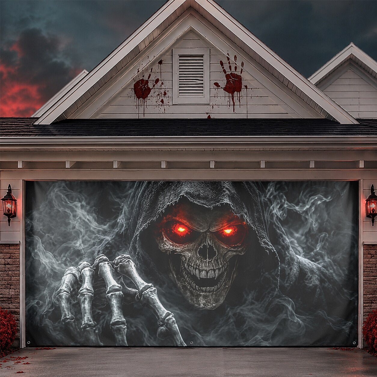 Grim Reaper Skull with Red Eyes | Halloween Garage Door Banner Cover