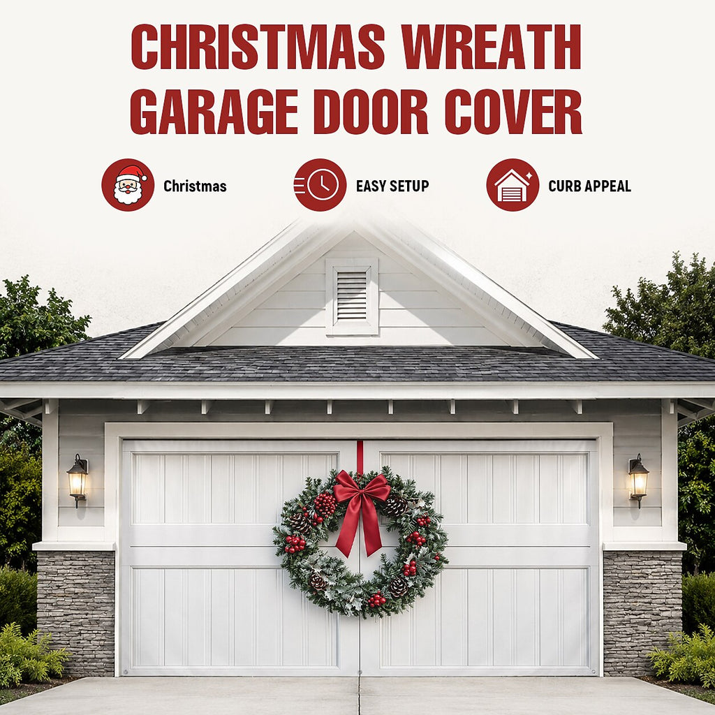 Christmas Garage Cover 3D Christmas Wreath & Holiday Lights