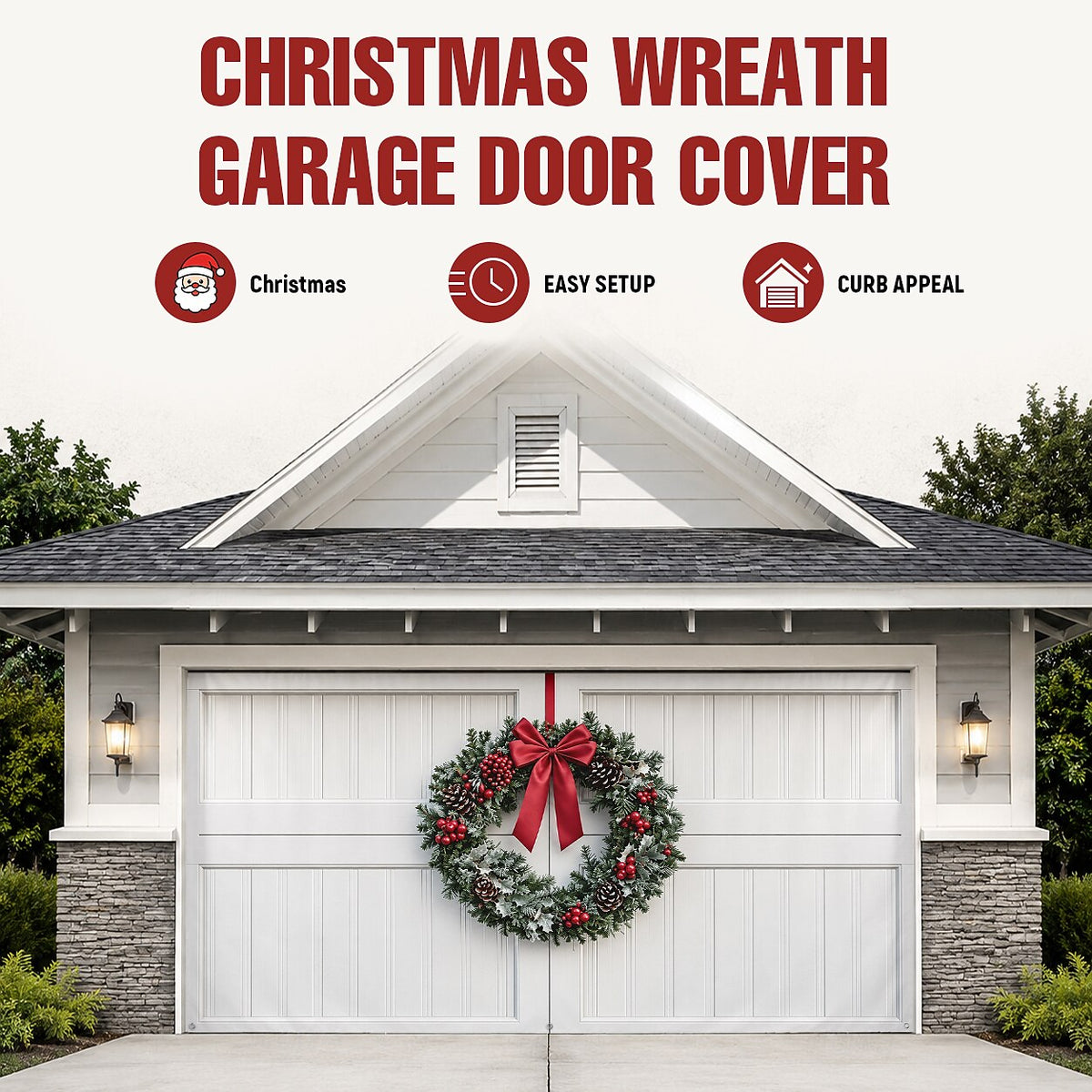 Christmas Garage Cover 3D Christmas Wreath & Holiday Lights
