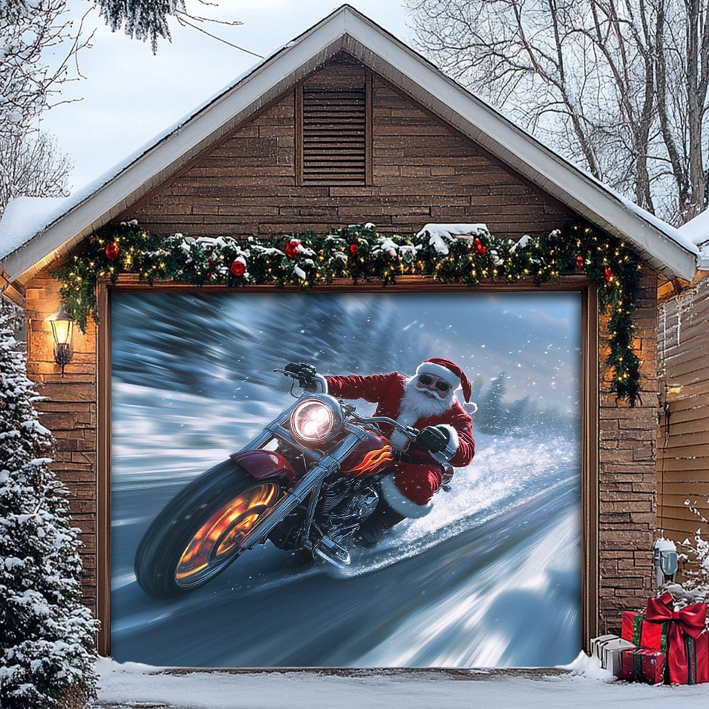 Motorcycle Santa Garage Door Cover