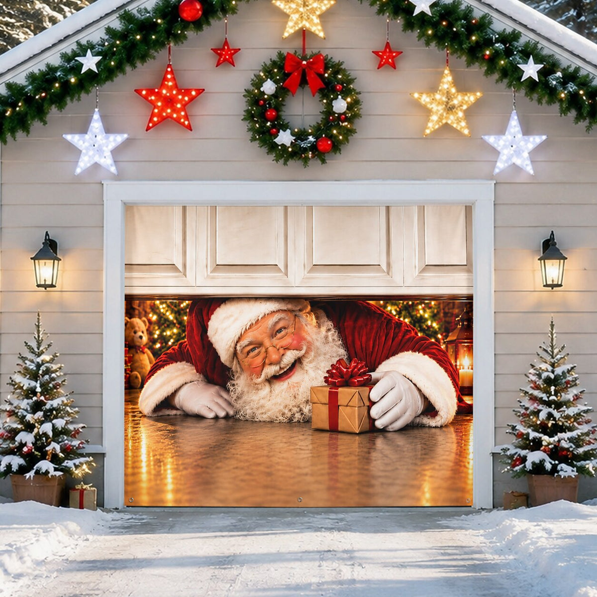 Christmas Garage Cover 3D Santa Peeking Out