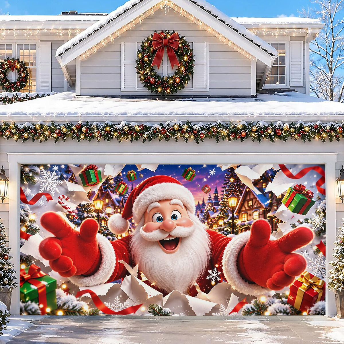3D Christmas Garage Door Cover - Santa Breaking Wall