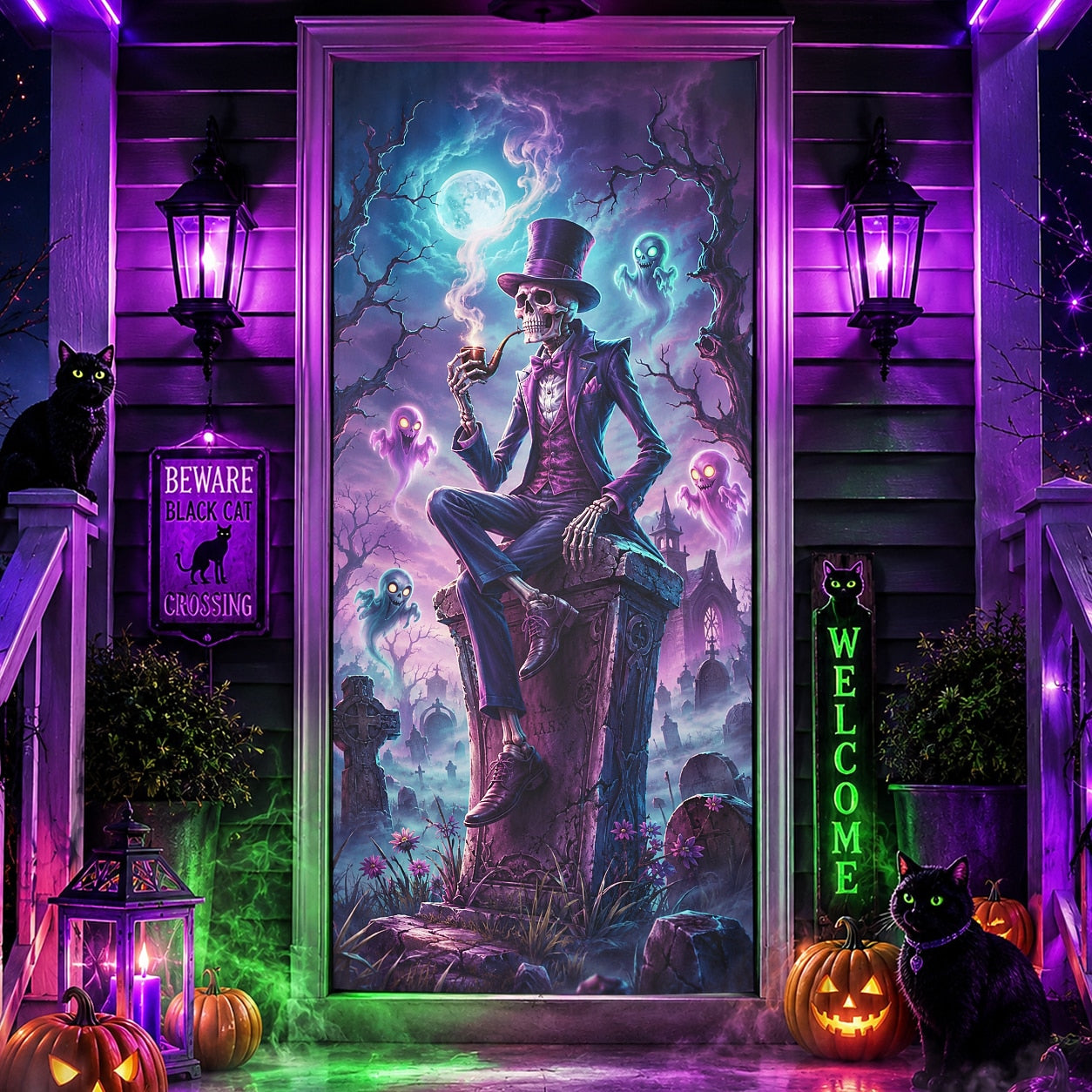 Top Hat Skeleton Ghost Graveyard Neon Banner Halloween Door