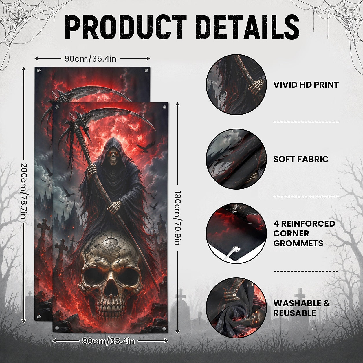 Door Scary Undead Door Banner Halloween Door Cover Grim Reaper Skull Red