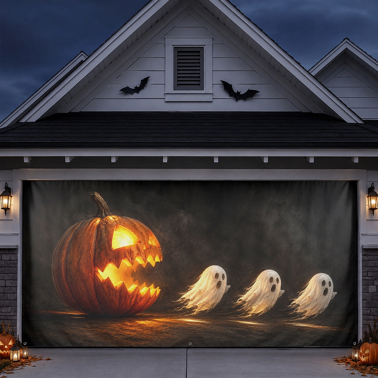 Jack-O'-Lantern Pumpkin Chasing Ghosts | Halloween Garage Door Banner Cover