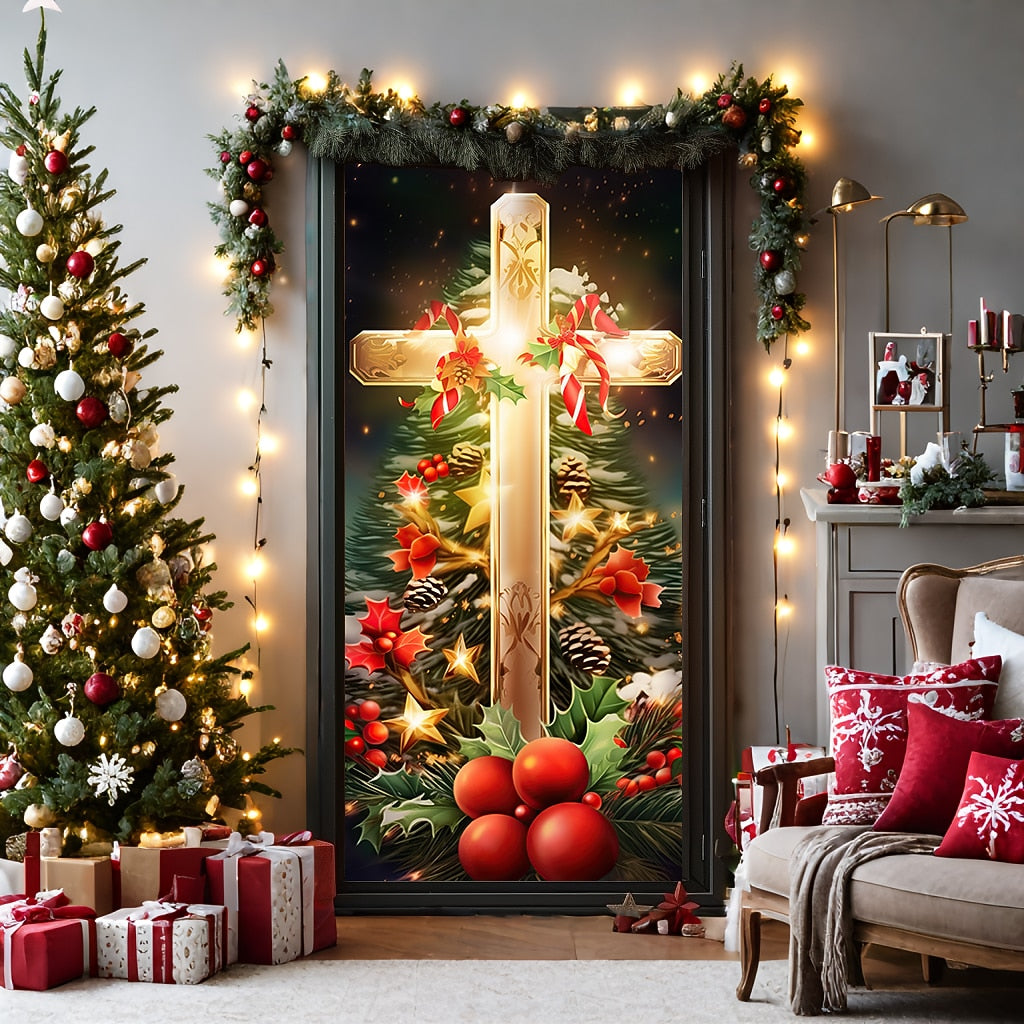 Cross Nativity Scene Christmas Door Cover