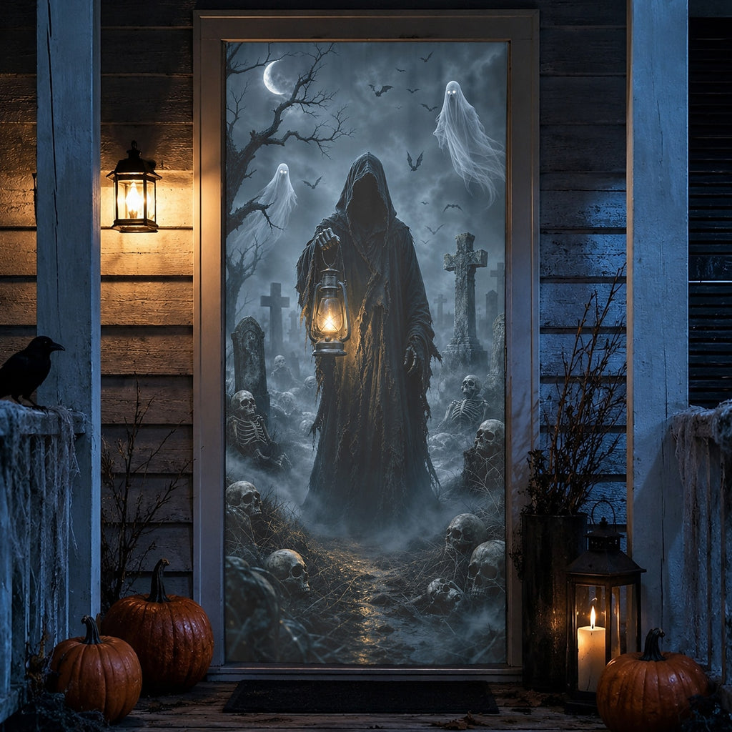 Grim Reaper Lantern Graveyard Ghost Door Banner Halloween Door Cover