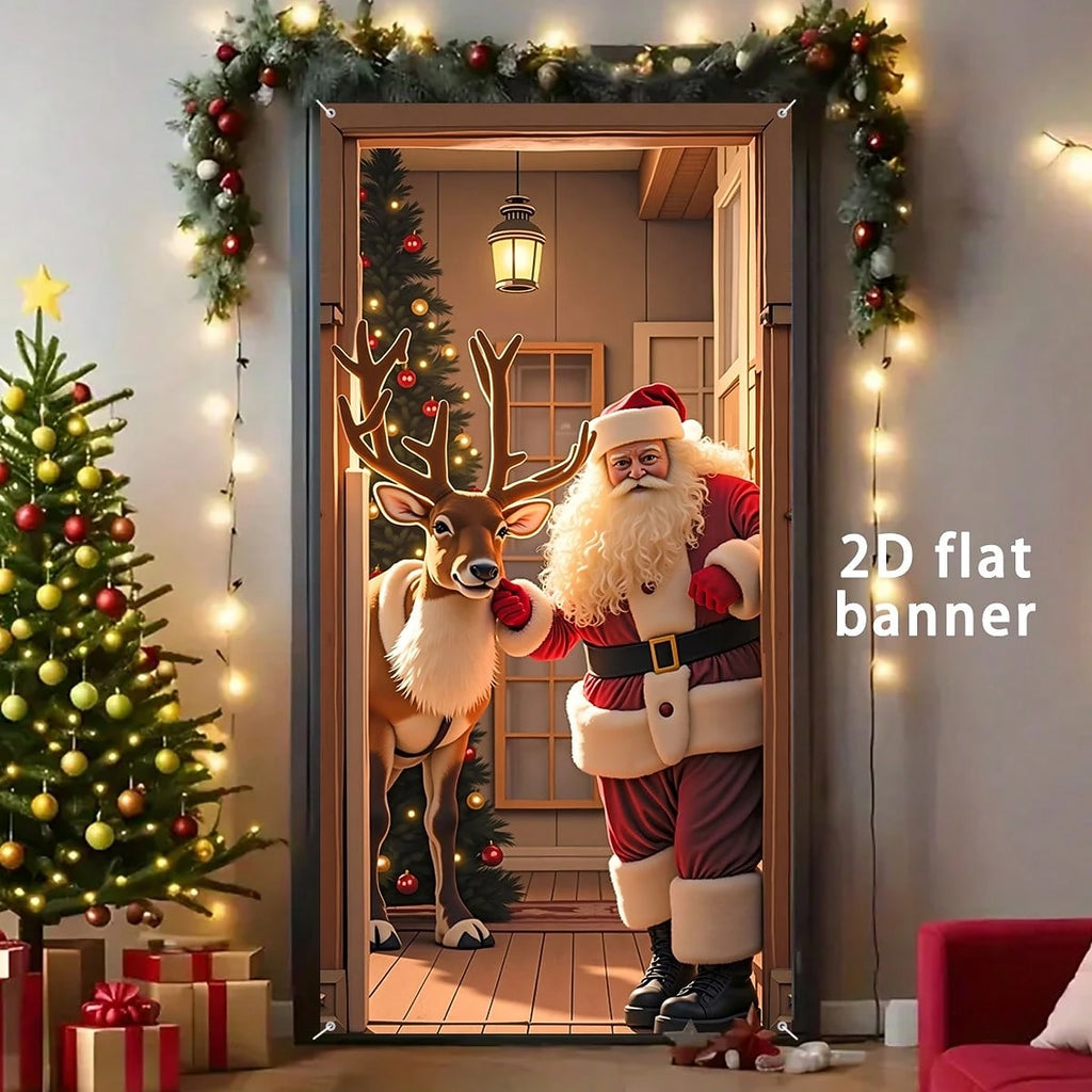 Santa Claus Reindeer & Christmas Tree Christmas Door Cover