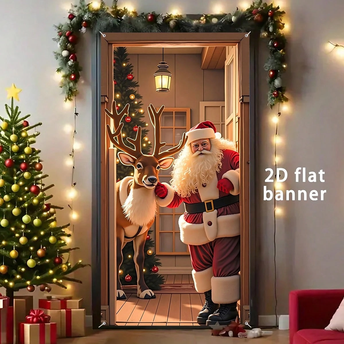 Santa Claus Reindeer & Christmas Tree Christmas Door Cover