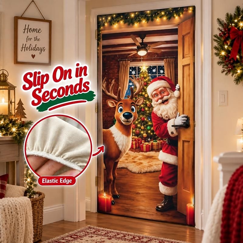 Christmas Door Cover - Stretch Fit Santa & Reindeer Door Decoration