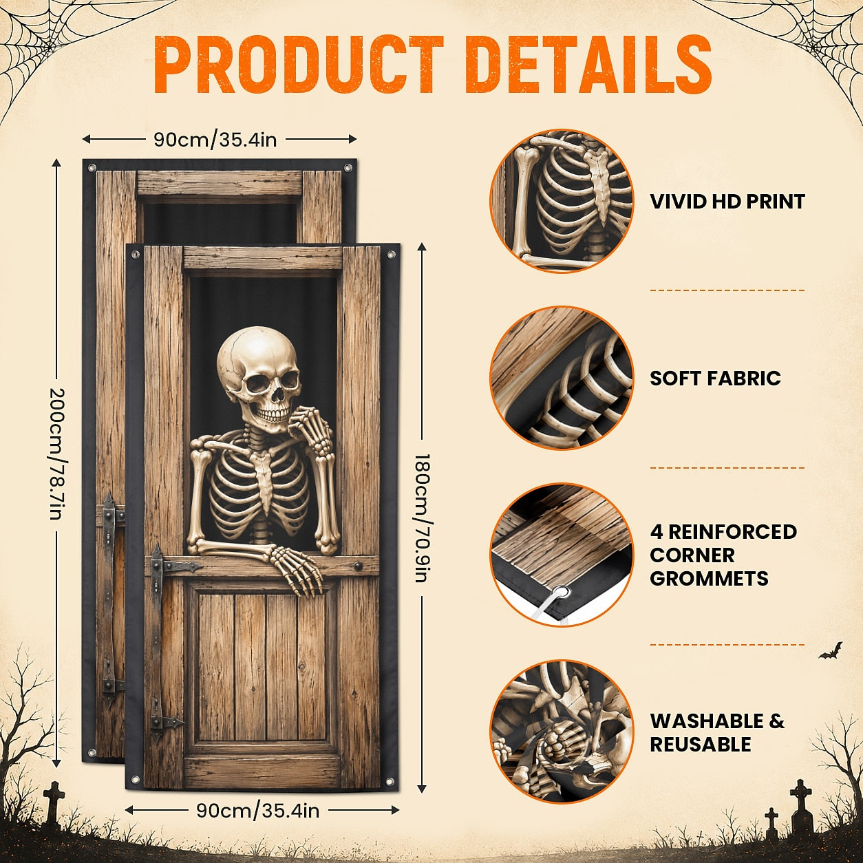 Skeleton Behind Door 3D Skull Illusion Banner Halloween Door Cover
