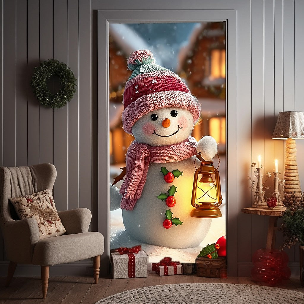 Cute Snowman in Winter Forest Christmas Door Cover