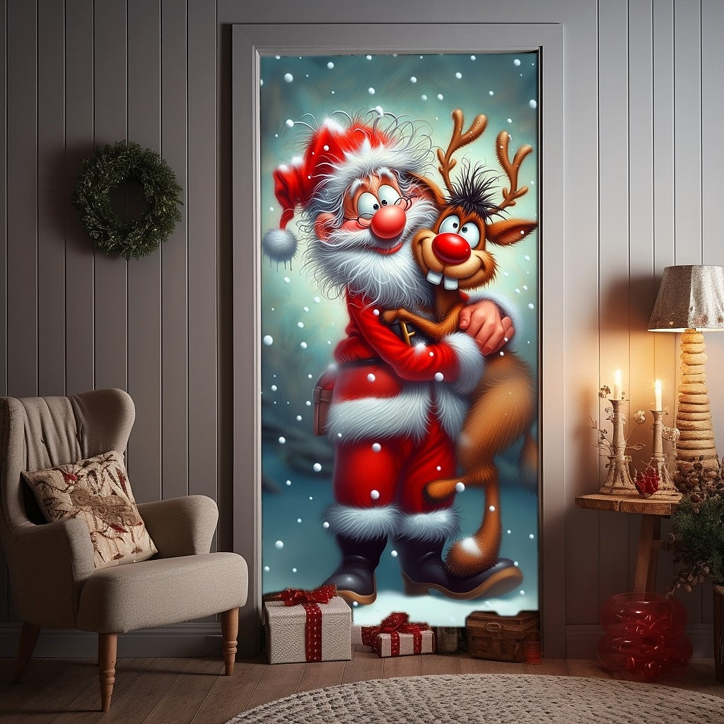 Santa Claus Reindeer & Gift Boxes Christmas Door Cover