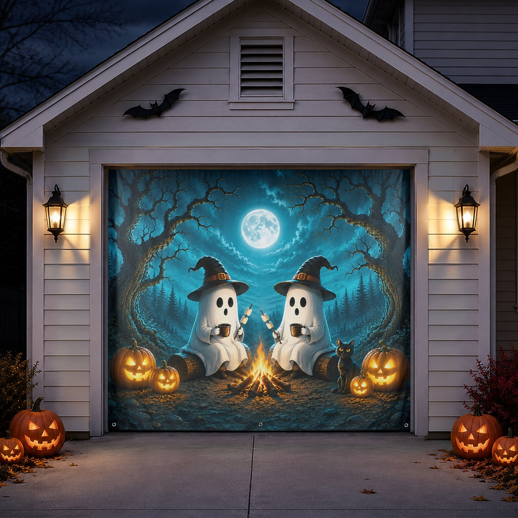 Cute Ghosts & Halloween Forest Campfire | Halloween Garage Door Banner Cover