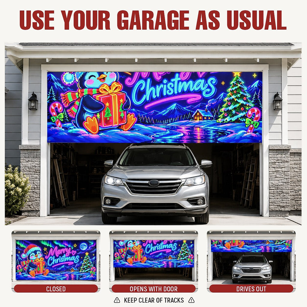 Blacklight Christmas Garage Cover UV Reactive Merry Christmas Penguin