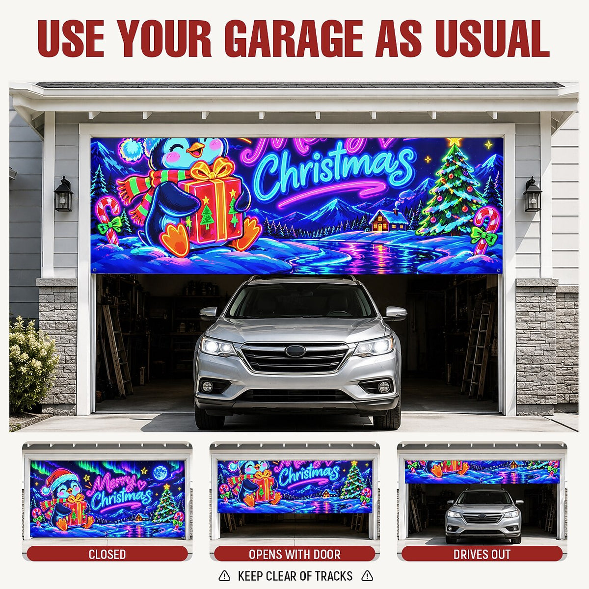 Blacklight Christmas Garage Cover UV Reactive Merry Christmas Penguin