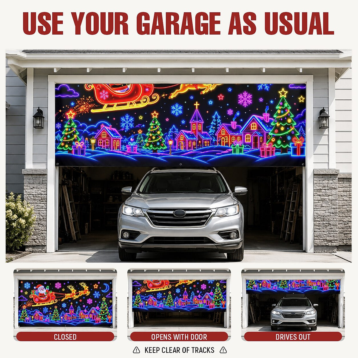 Blacklight Christmas Garage Cover UV Reactive Santa Sleigh & Reindeer Night Scene