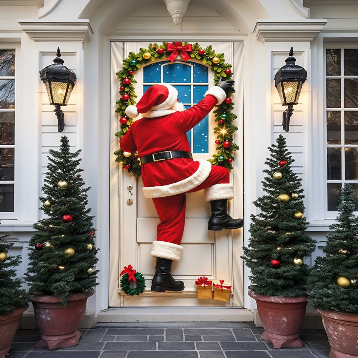 Christmas Door Cover - Stretch Fit Santa & Reindeer Door Decoration