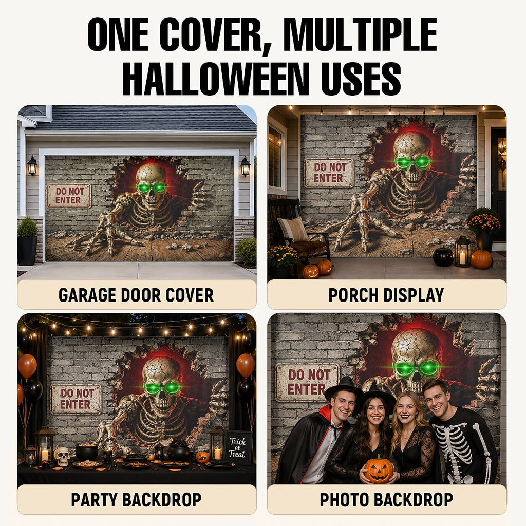 Halloween Green Glowing Eyes Skeleton Garage Door Cover