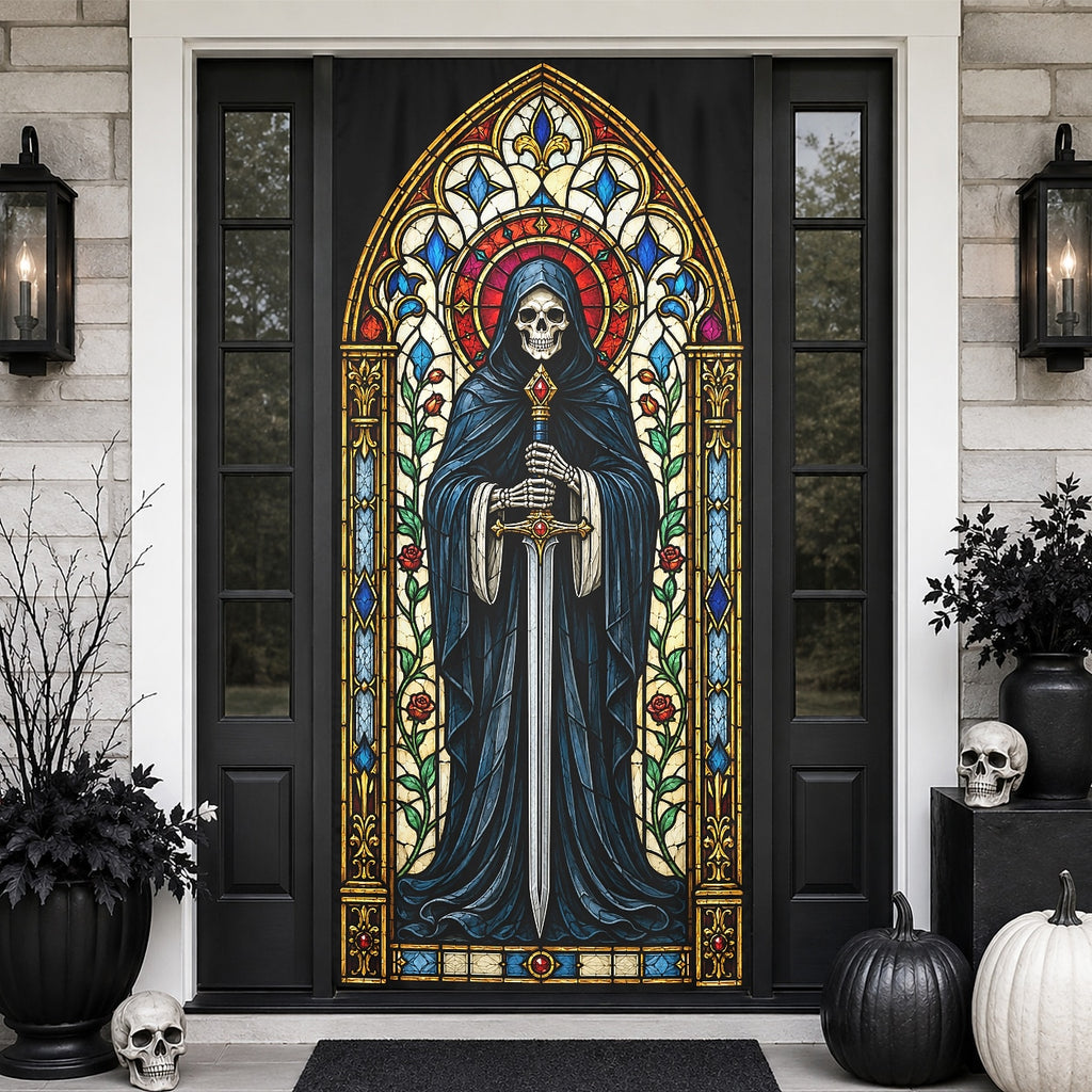 Stained Glass Grim Reaper Skeleton Gothic Banner Halloween Door Cover