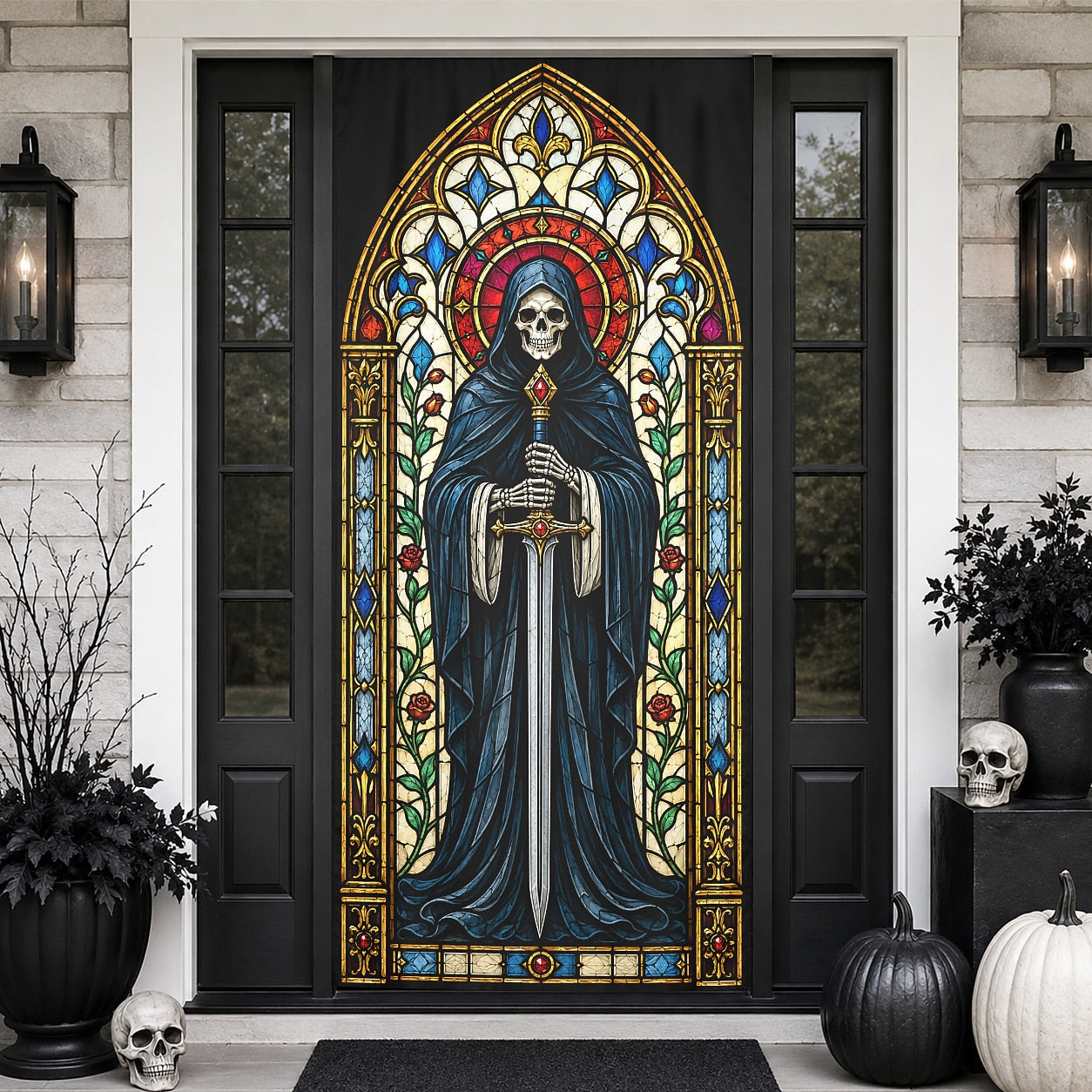 Stained Glass Grim Reaper Skeleton Gothic Banner Halloween Door Cover